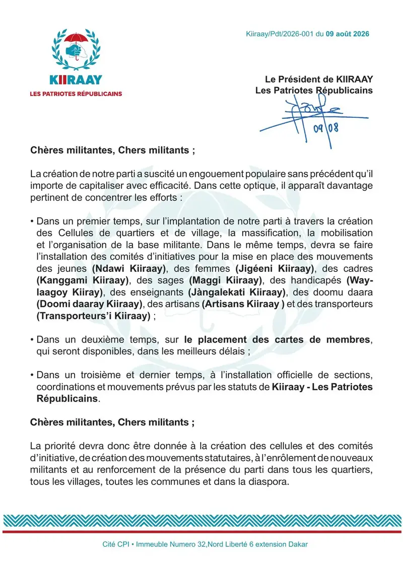Première page du communiqué officiel KIIRAAY numéro 001 du 9 août 2026